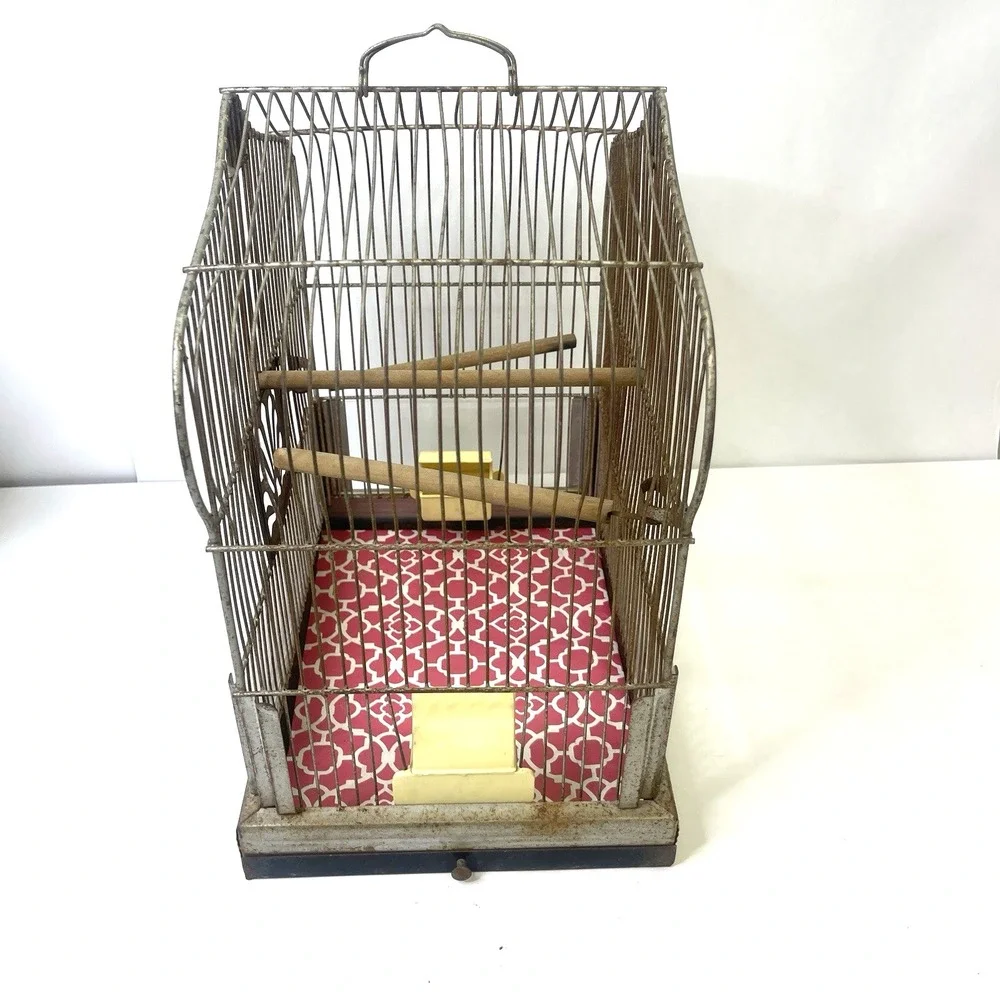 Vintage CROWN Wire Bird Cage w Original Feeder Trays &‎ Slide Tray Hang Hook